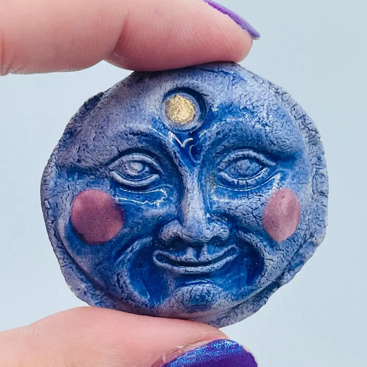 Hand Crafted Moon Celestial Face Pin Brooch Hand Painted