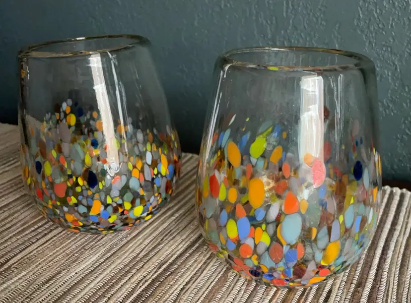 Blown Glass Heavy Stemless Wine Glasses Confetti Design Made In Mexico