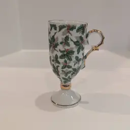 Japanese Pedestal Teacup - Green Holly Chintz w/ Gold Trim 4 1/2