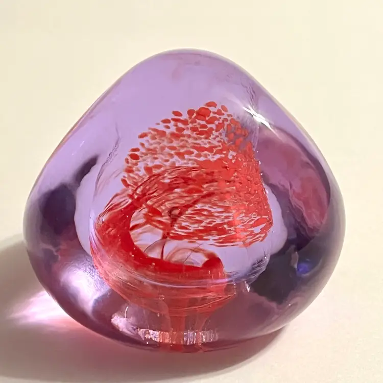 Caithness Scotland Pebble Art Glass Paperweight Lavender Purple with Red Swirl