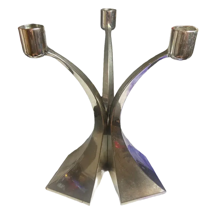 3 Vintage MCM Curved Chrome Candlestick Holders, 10" Tall