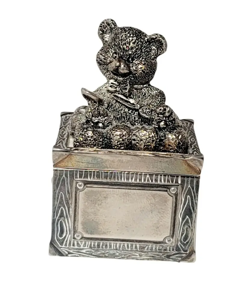 Morgan Vintage Silver Plated Teddy Bear Keepsake Trinket Ring Box 2.5" Tall