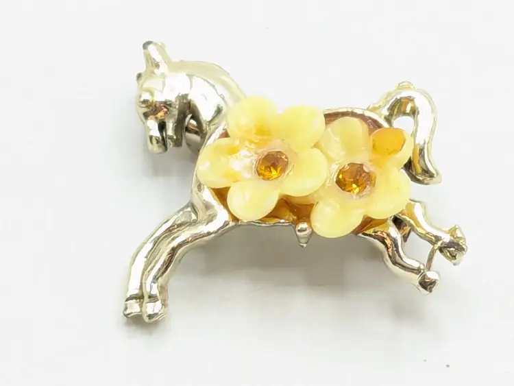 Vintage Gold Tone Horse Brooch with Yellow Floral Accents
