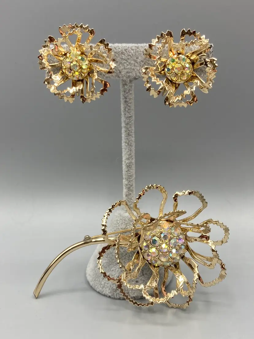 Vintage 1969 Sarah Coventry Allusion Flower Brooch and Clip-on Earrings with AB Stones Gold Tone