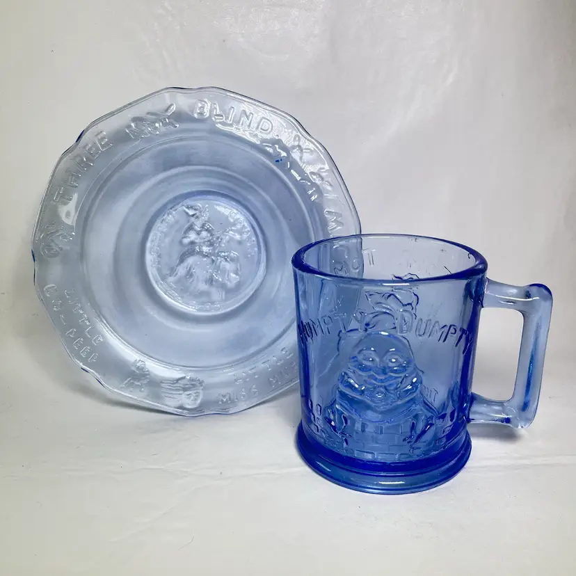 Vintage Tiara Glass Blue Nursery Rhyme 2 pc. set of Children's Embossed Dishes