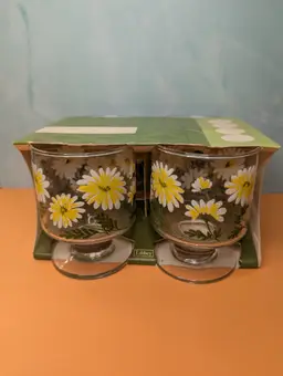 NOS Libbey Daisy Pattern Set of Four 10 Oz. Stem Rocks Glasses In Original Box