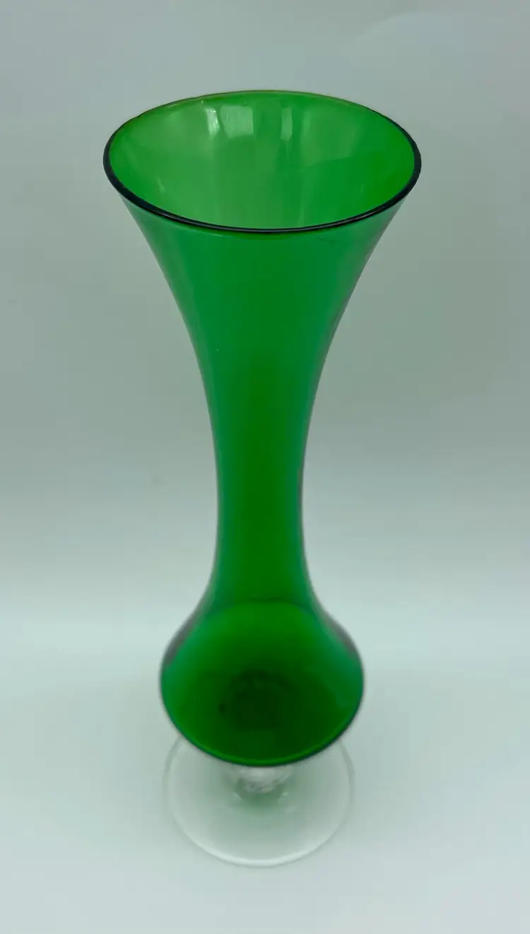 Vintage hand-blown emerald green vase with clear glass stem