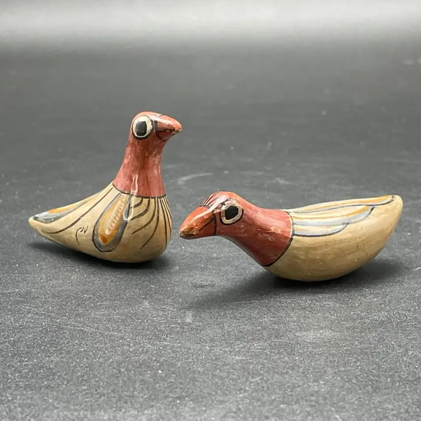 Tonola Mexican Pottery Bird Figurines Miniature Set of 2 Handmade Folk Art