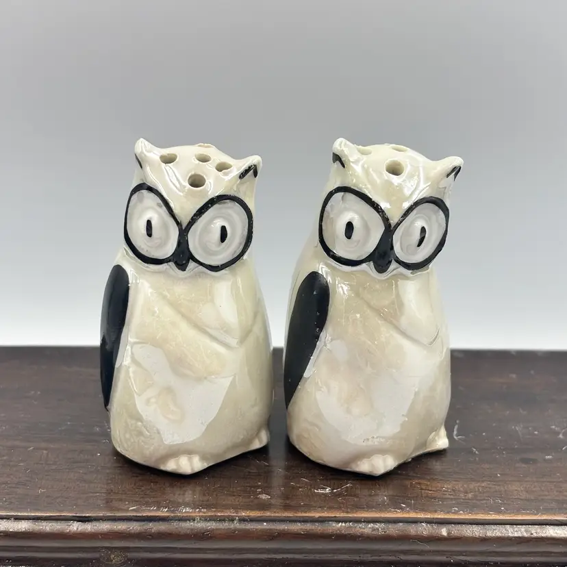 Small Black & White Lustre Owl Salt & Pepper Shakers 2”