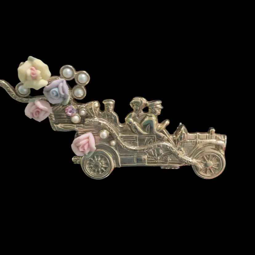 Vintage Goldtone 1928 Brand Brooch. Goldtone Classic Car Adorned With Porcelain Flowers And Faux Pearls.