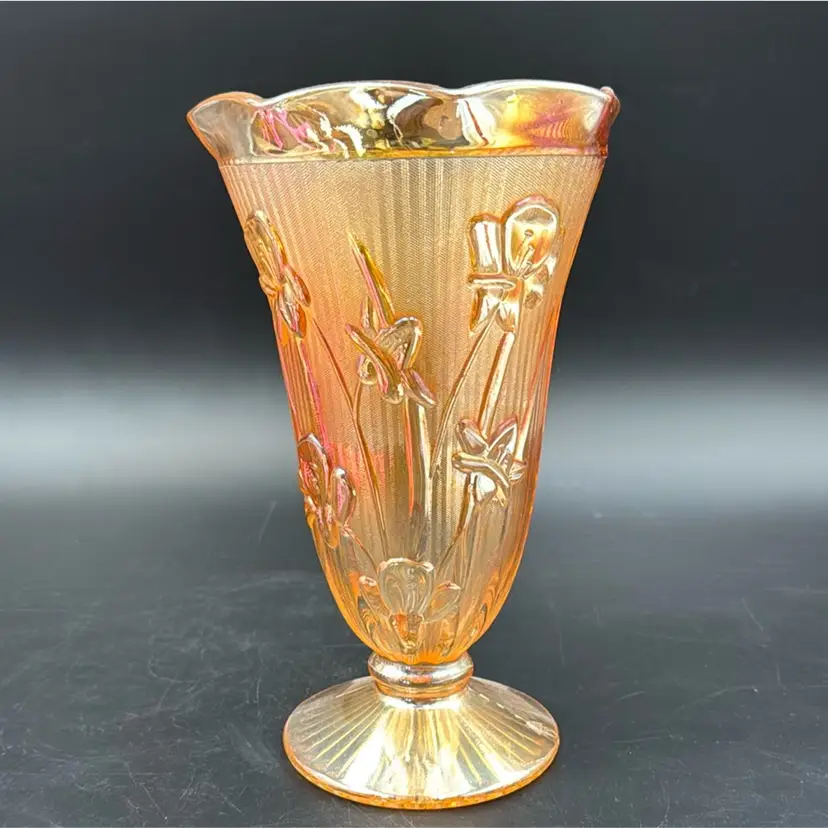 Jeanette Iris Herringbone Marigold Carnival Glass Footed Vase