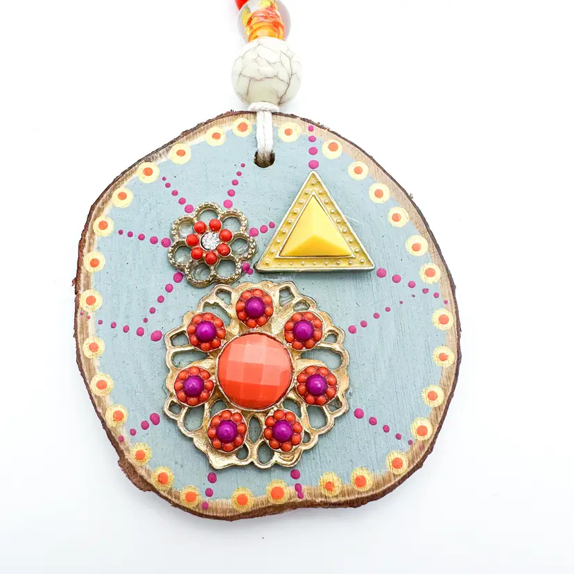 Flower Power Handmade Bauble Ornament Repurposed Jewelry Orange Yellow Dot Painting and Bead Accents