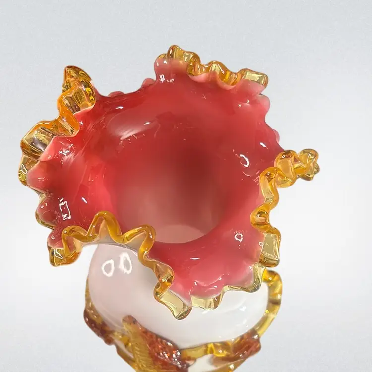 G- Steve & Williams Uranium Pink Cased White Matsu-no-ke Glass Vase. HAS ISSUES