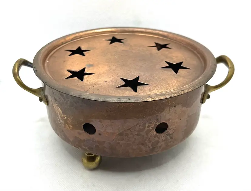 Vintage Copper Kettle Warmer Candle Holder With Brass Handles And Feet Made In Italy Star Cutouts
