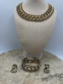 Vintage Gold Tone Rhinestone Jewelry Set Choker Bracelet & Screw Back Earrings