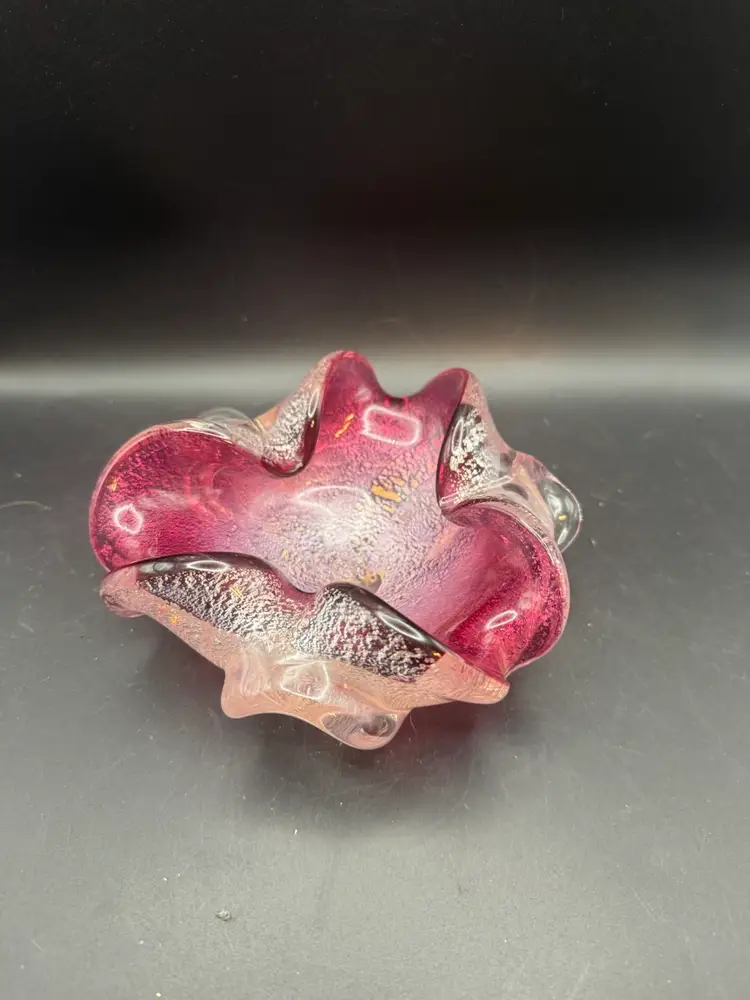 Murano Free-Form Art Glass Dish With Pink, Gold Flecks, And Bullicante.