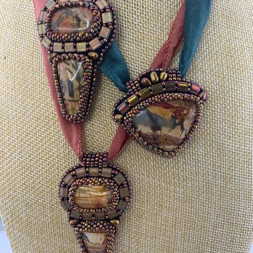 Red Creek Jasper Bead Embroidered Pendant Necklace