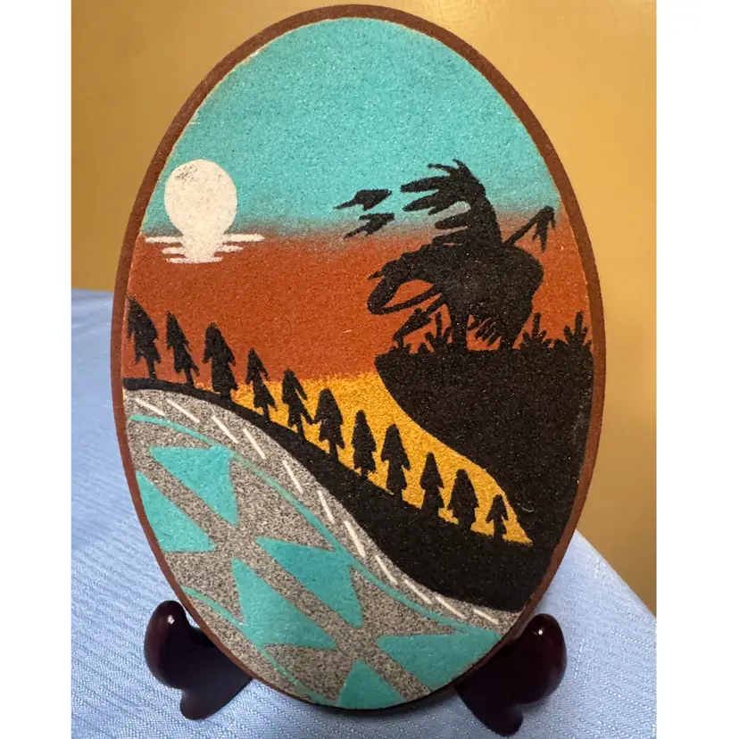 NAVAJO SAND PAINTING, "END OF THE TRAIL" SIGNED ROSE ANN YAZZIE 7.5”