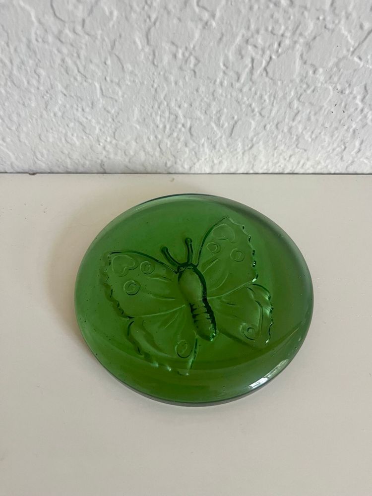Vintage Green Glass Flat Round Embossed Butterfly Paper Weight