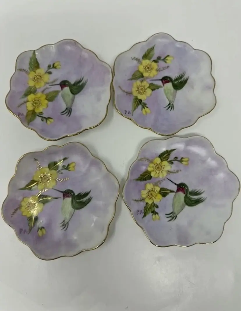 Germany Hand Painted Hummingbirds 4” Appetizer Butter Pat Plates Ackerknecht