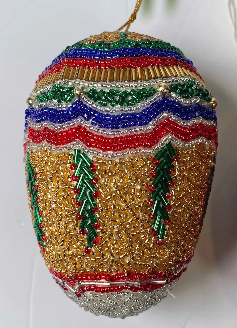 VTG Set of 3 Ornate Stunning Beaded Egg Shaped Colorful Christmas Ornaments