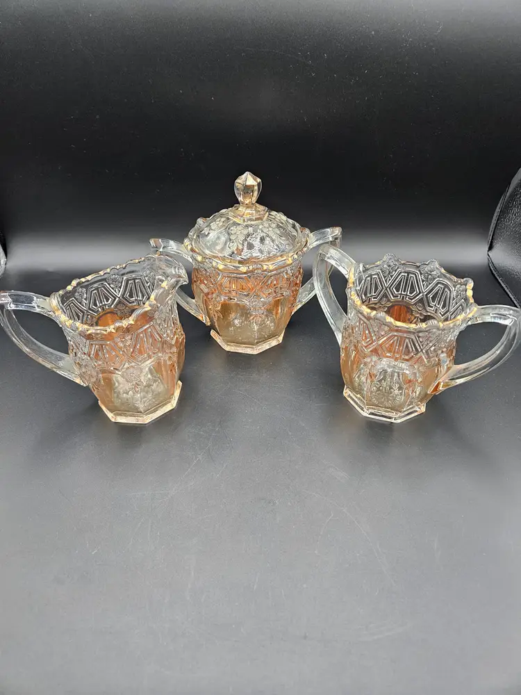 EAPG Reverse 44 Sugar, Creamer and Lidded Dish