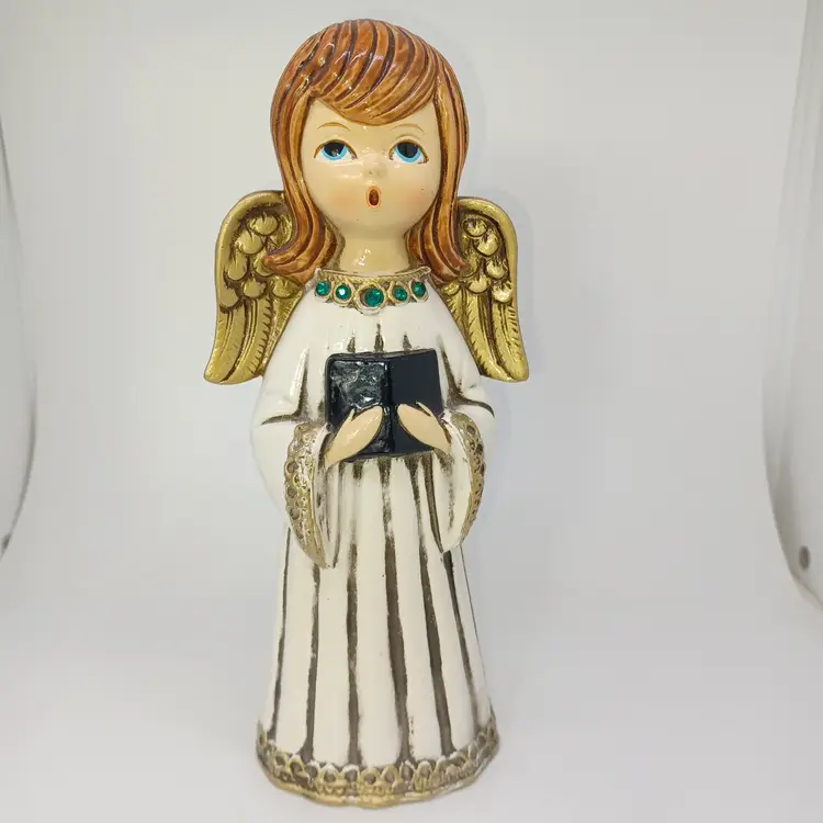 Vintage Mid Century Paper Mache Singing Christmas Angel White Robe with Green...