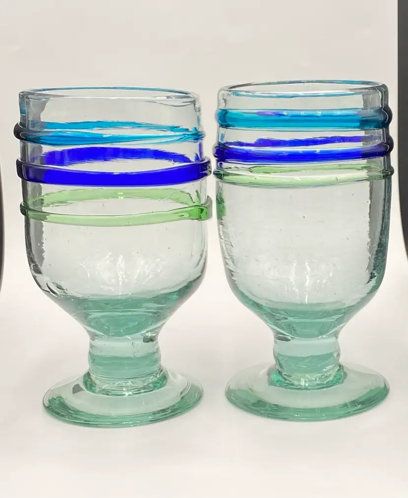 Pair (2) - Hand Blown Short Stemmed Glasses/Goblets, Mexico, Greens & Blues