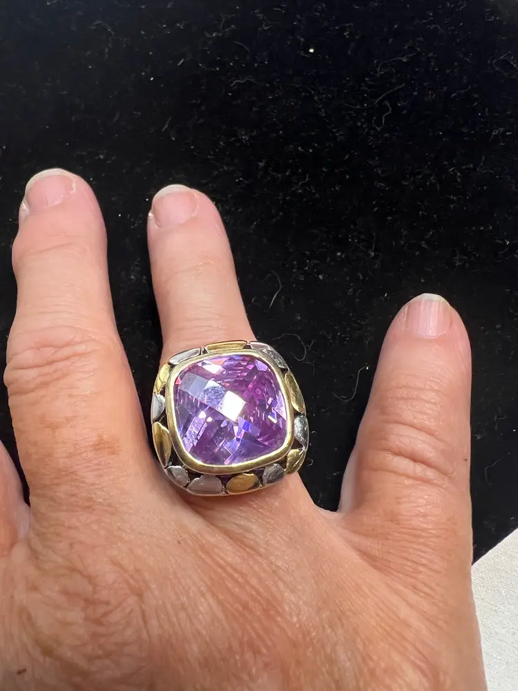 CZ Amethyst Ring. Signed 18KGE . GOLD & SILVER TONED. Size 8.75/9