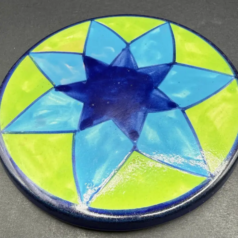 Set Of Two Blue Star On Green Coasters Ceramic