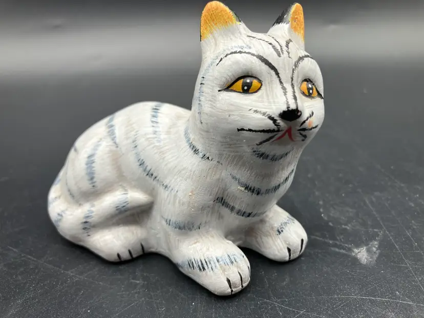 BIN - Vintage Matte Ceramic Hand Painted Cat Statue Figure 4" White Black Yellow