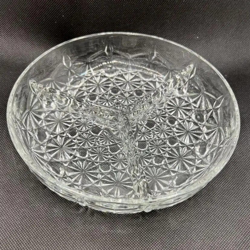 Vintage French Daisy & Button 3 Sections Divided Glass Relish Dish Tray