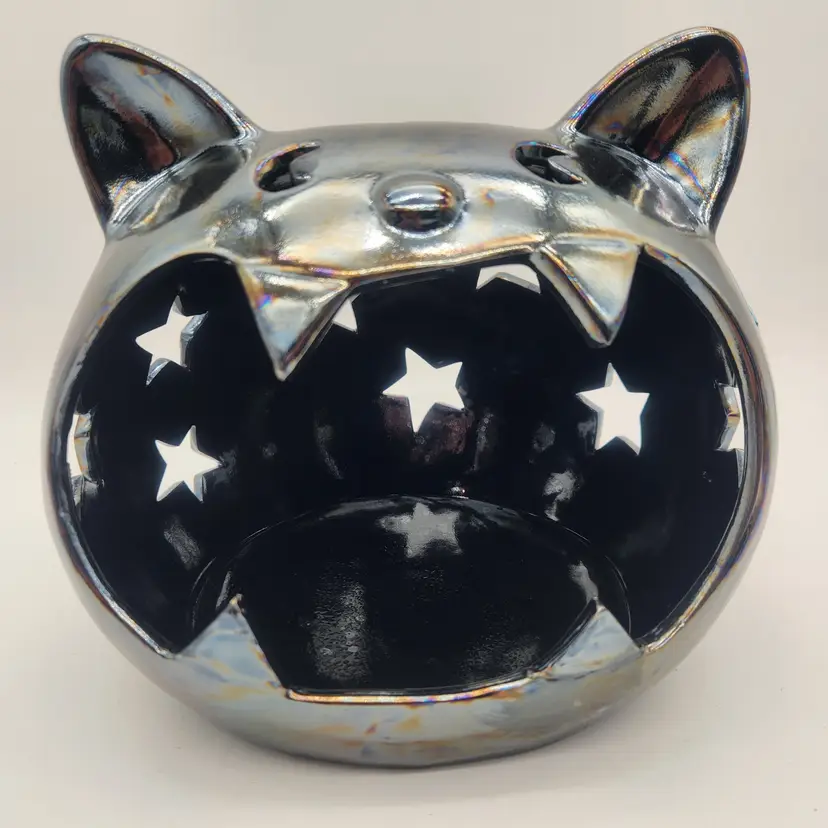 NWOT BIG Cat Candle Holder Ceramic Iridescent Black Star Cutouts Halloween Decor