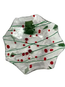 Fused Glass Trinket Candy Dish Red Green Clear Christmas