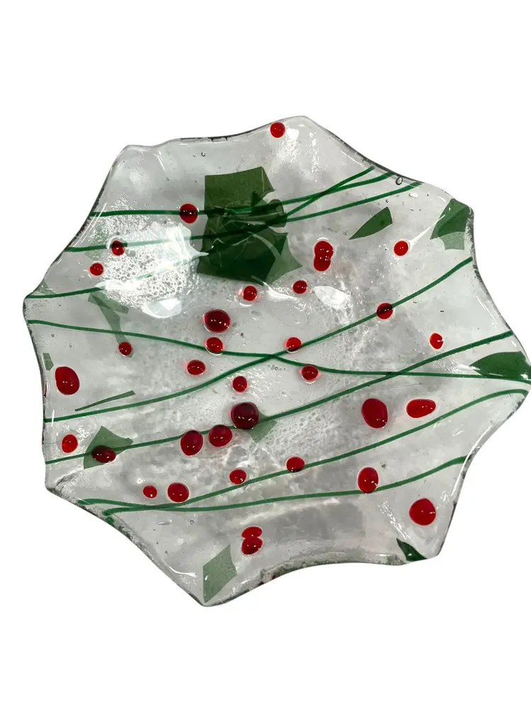 Fused Glass Trinket Candy Dish Red Green Clear Christmas