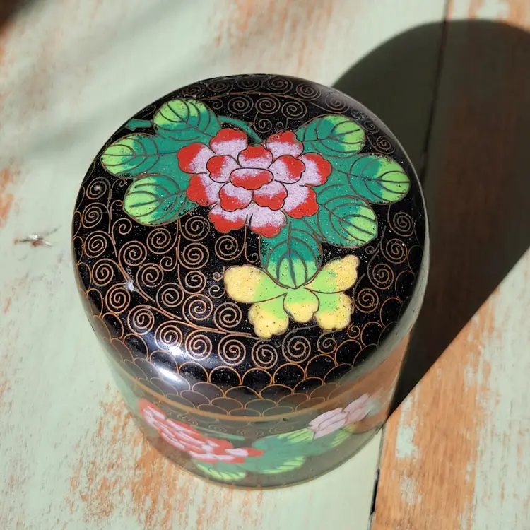 Vintage Cloisonne Tea Jar Box Brass Asian Chinese Lidded Floral Container