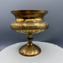 Vintage Solid Brass Pedestal Bowl with Etched Floral Design | Indian Brass Compote 6 1/2” X 5 1/2” (Aprox)