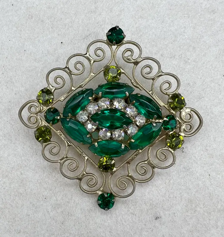 Vintage Estate Large Open Scroll Work Gold Tone Green Rhinestone Brooch