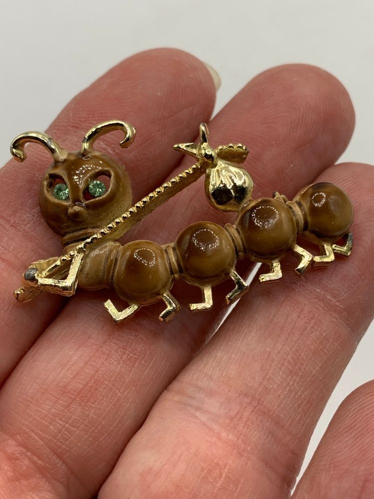 1970 Enameled Caterpillar Hobo Pin With Crystal Eyes