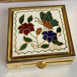 Cloisonné Pill- Or Trinket Box, Enamel Butterfly & Florals, Gold-Toned and Hinged. Plastic Organizer Included. 1.5” x .5”h.