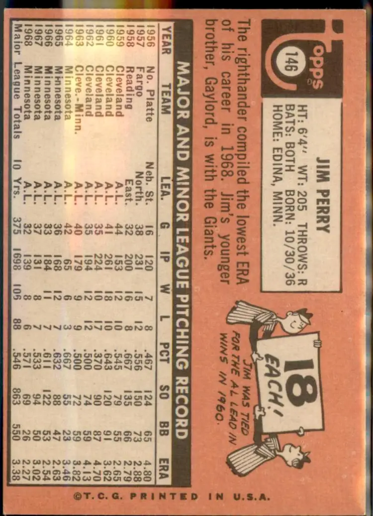1969 Topps #146 Jim Perry - (pk3) - Minnesota Twins