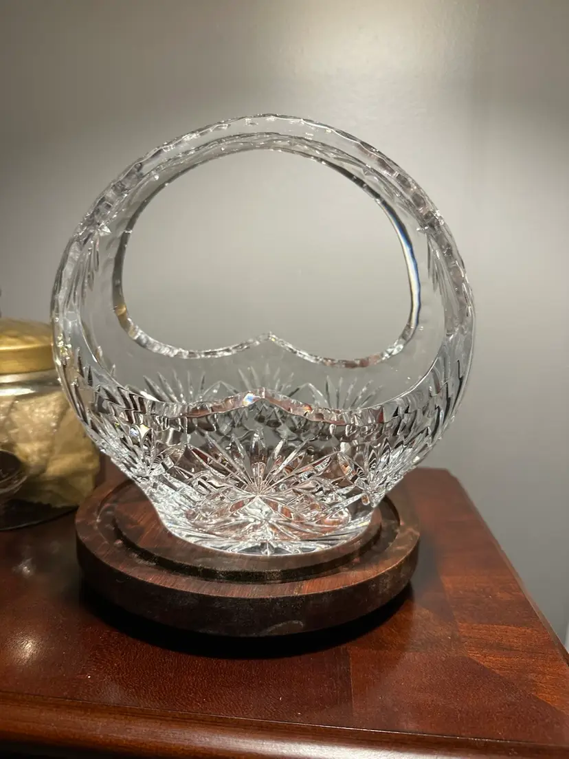 Vintage cut crystal basket with diamond and starburst patterns
