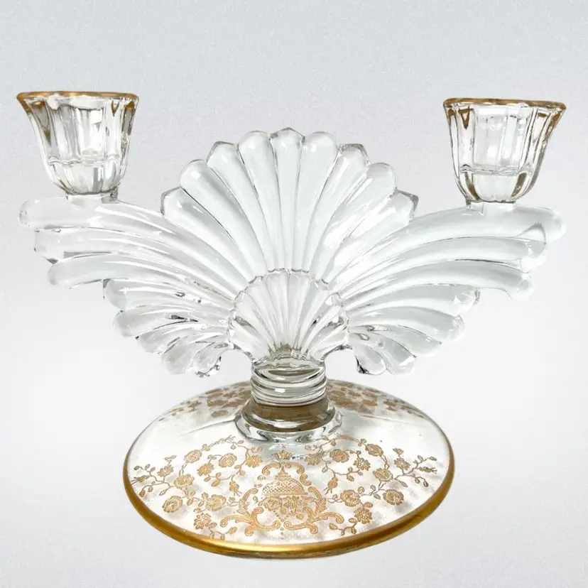 Incredible Gold Trim and Gold Encrusted Floral Etch Art Deco Style Double Light Candlestick Holder. Glastonbury - Lotus Rose Bud Pattern. 5-1/2” tall x 8” length (top) x 5-1/4” diameter base