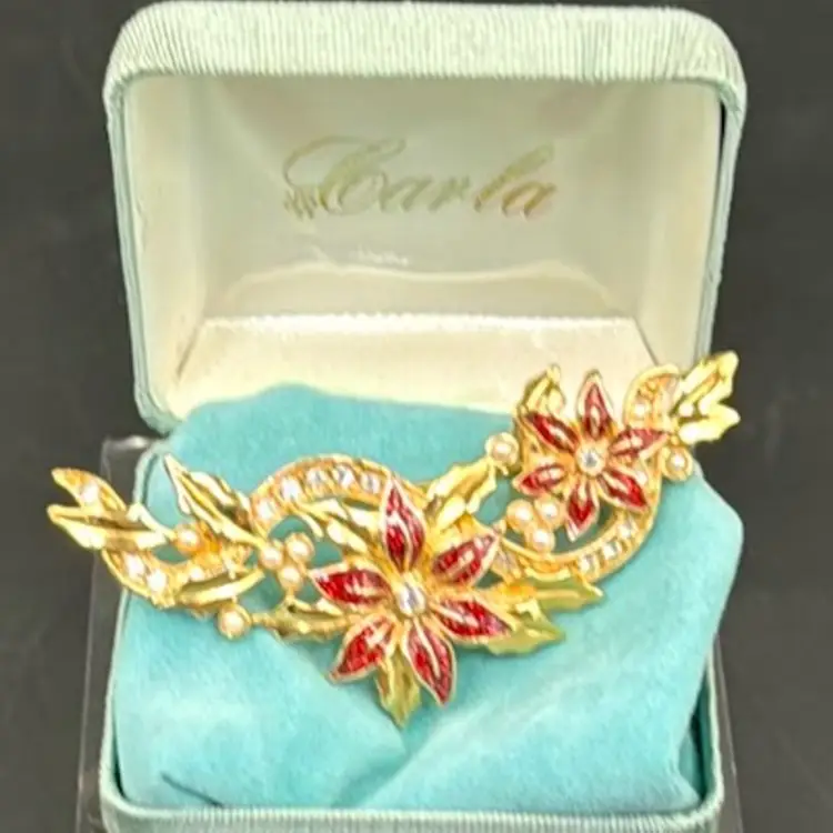 #02 Avon Brooch, Pin, Christmas, Flower, Poinsettia, Gold Tone, Red Rhinestone, Faux, Pearl