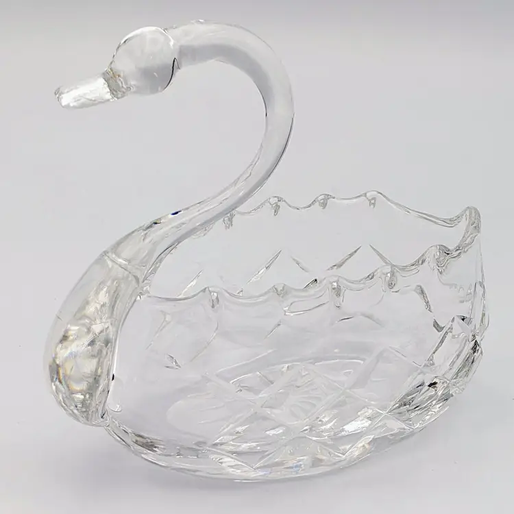 Vintage Bohemian Clear Crystal Cut Glass Open Swan Bowl Trinket Dish