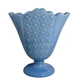 Blue Pastel Milk Glass Fan Vase, Daisy and Button Pattern by FENTON Scarce Color READ
9” T x 8-1/4” L x 4-1/4” W