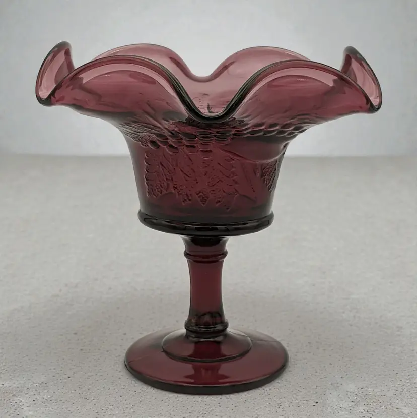 L G Wright Amethyst Strawberry and Currant Ruffled Crimped Pedestal Compote