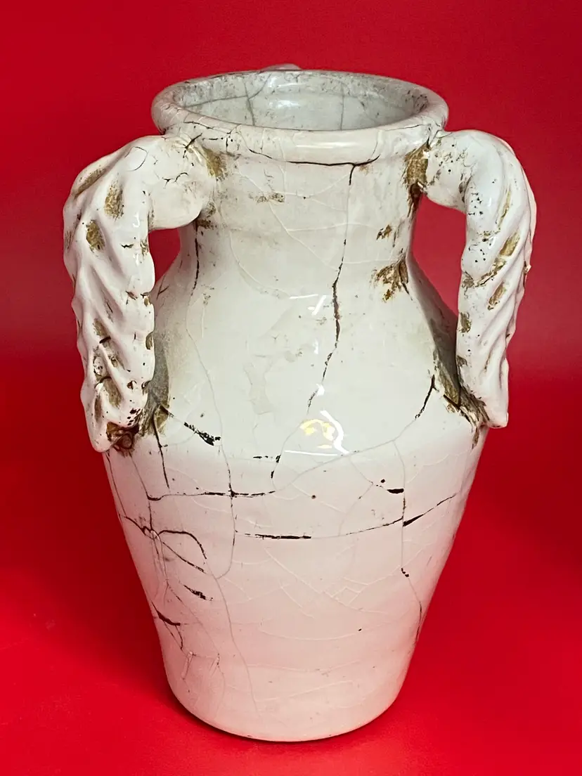 White Ceramic Vase w/ 3 Leaf shaped Handles, 6.5" Tall