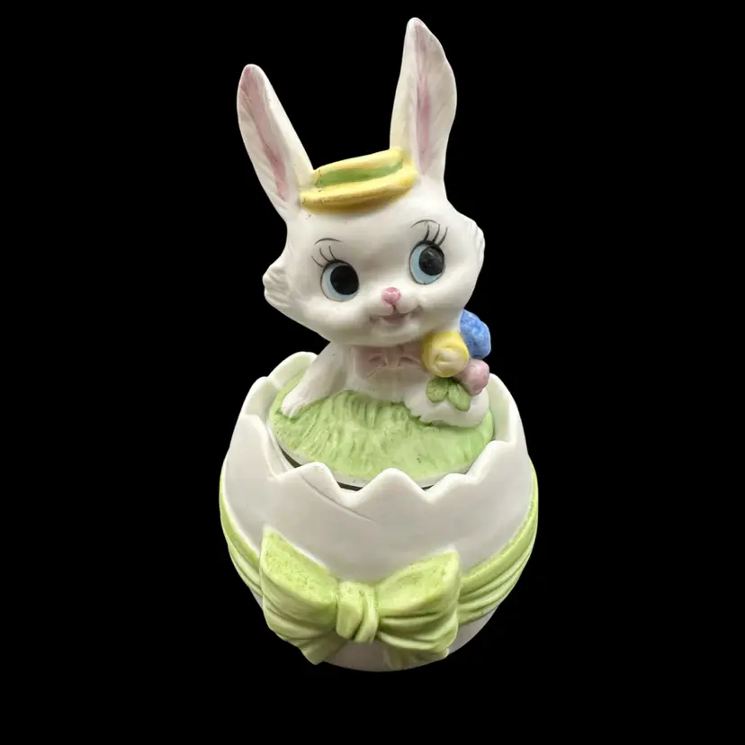 Lefton China Anthropomorphic Easter Bunny In And Egg Trinket Box, #2581 Original Stamp 5”T 2.5”W