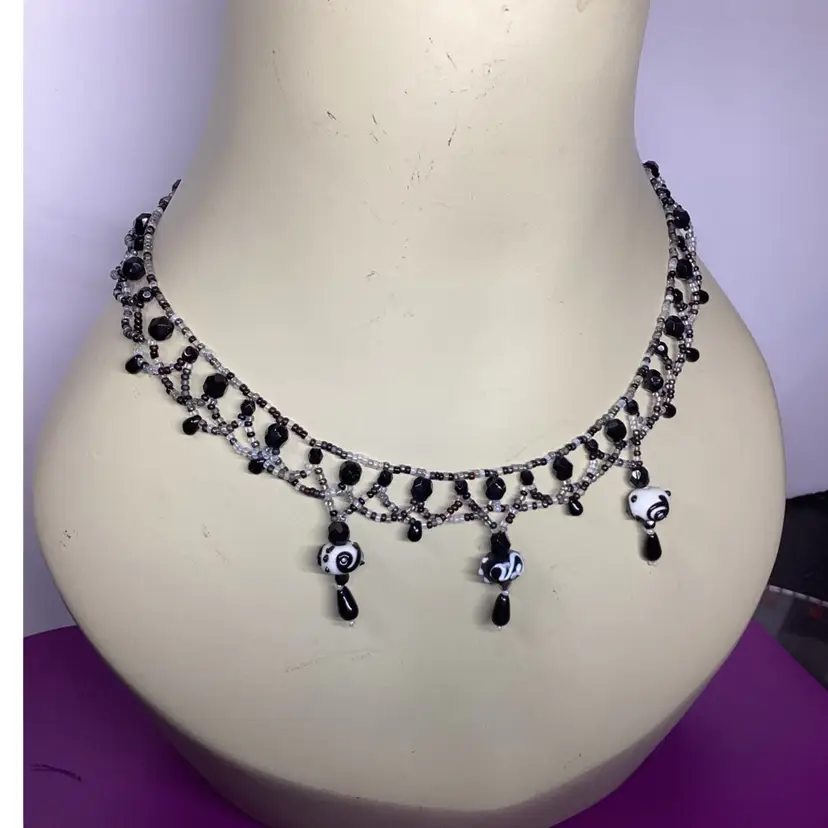Black and White Beaded necklace with  Hand Made Artisan Lampwork Bead Drops